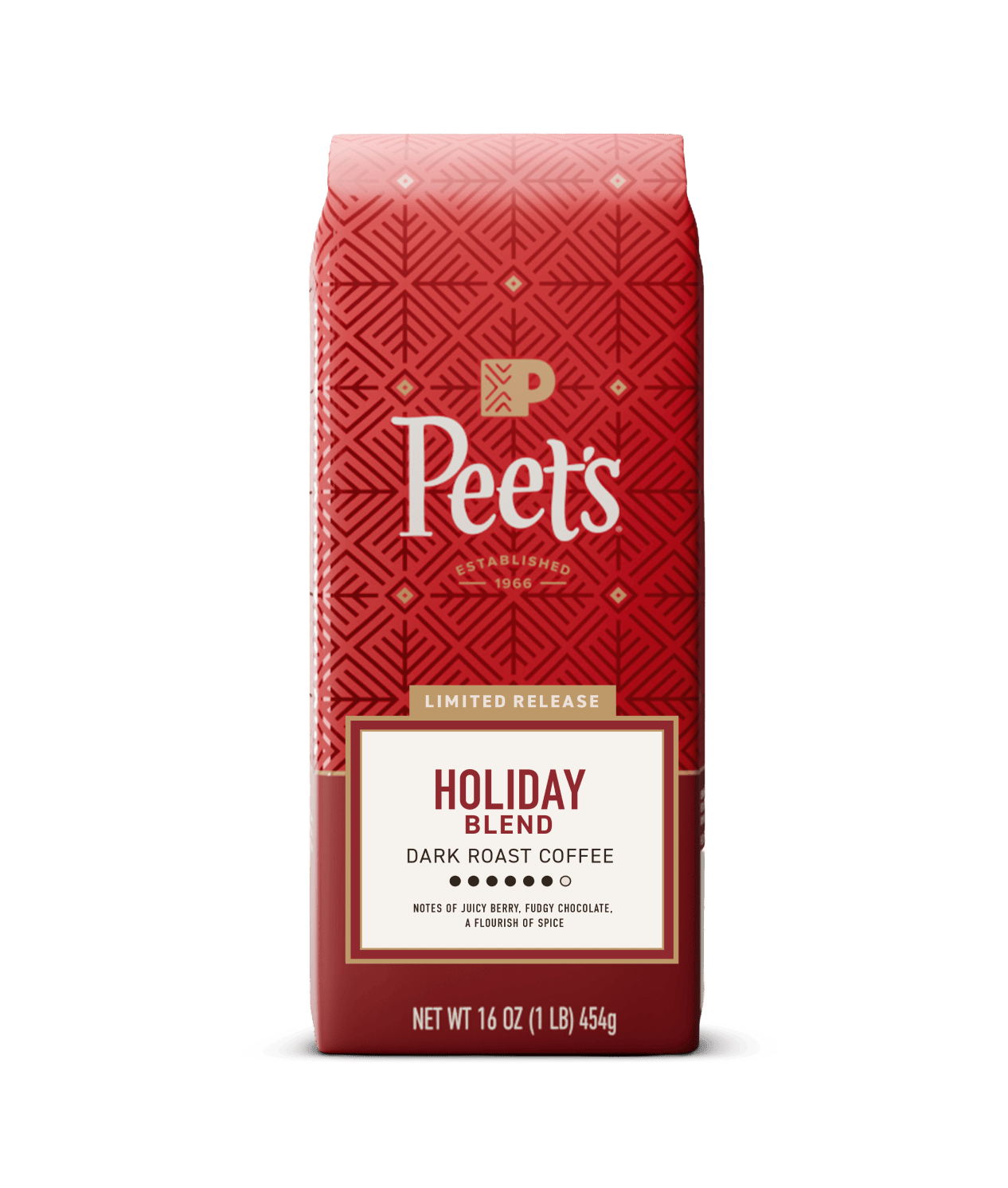 A 16 oz bag of Peet's Holiday Blend Dark Roast Coffee, featuring a festive red packaging design with a geometric pattern and a cream label at the bottom.